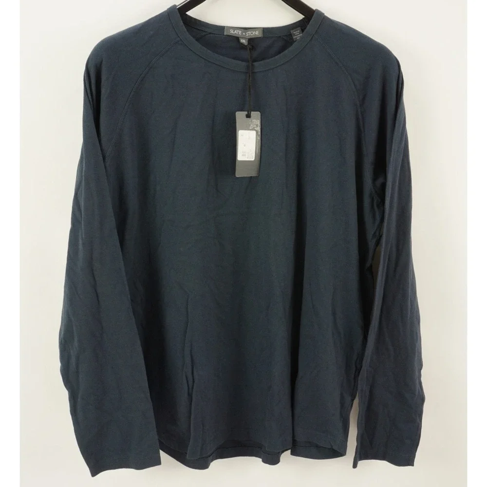 New Slate & Stone Raglan Crew Tee Men's 2XL Long Sleeve Washed Blue Cotton Shirt